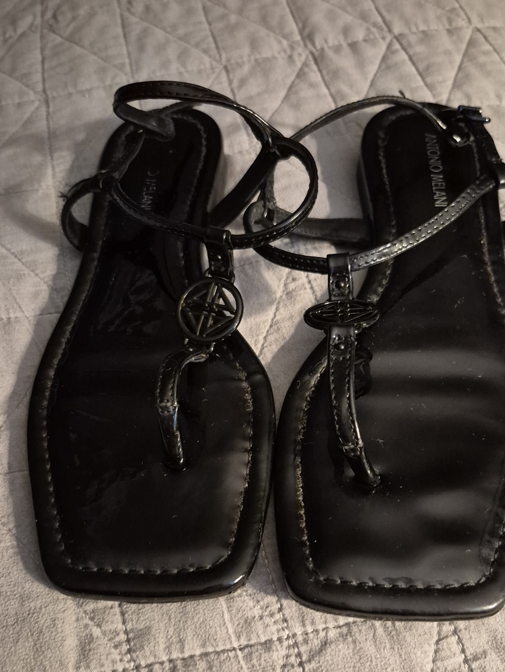 ANTONIO MELANI Black Patent T-Strap Square-Toe Sandals